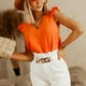thumbnail image 4 of Mujer Volantes Manga Casquillo Top Casual Elegante Color Liso Camisa Con Cuello En V Blusa Para Oficina Trabajo Citas Naranja L, 4 of 7