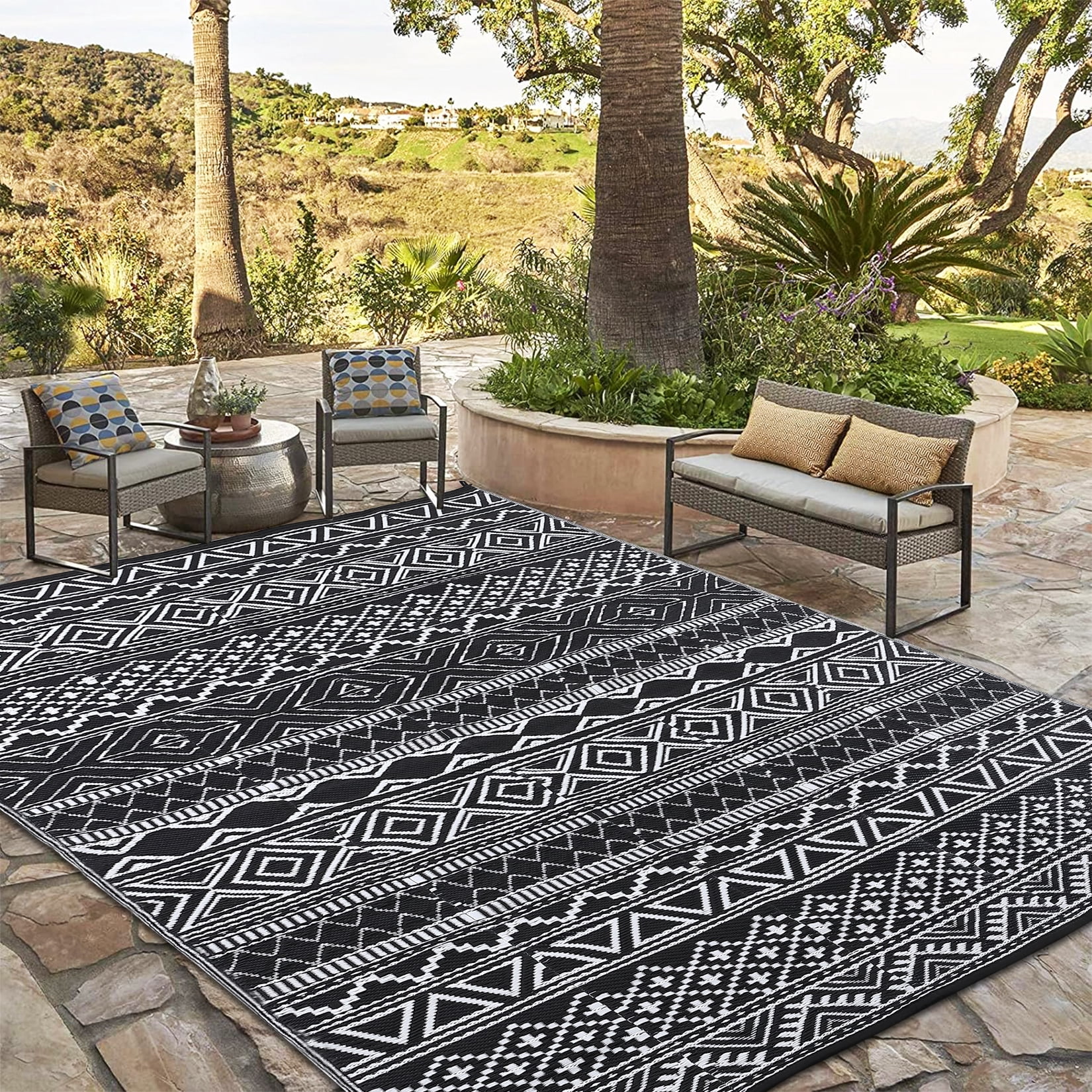 COZONY 9x12 ft Outdoor Rug, Reversible Waterproof Camping Mat, UV & Stain Resistant, Foldable for Backyard, Deck, Black and White
