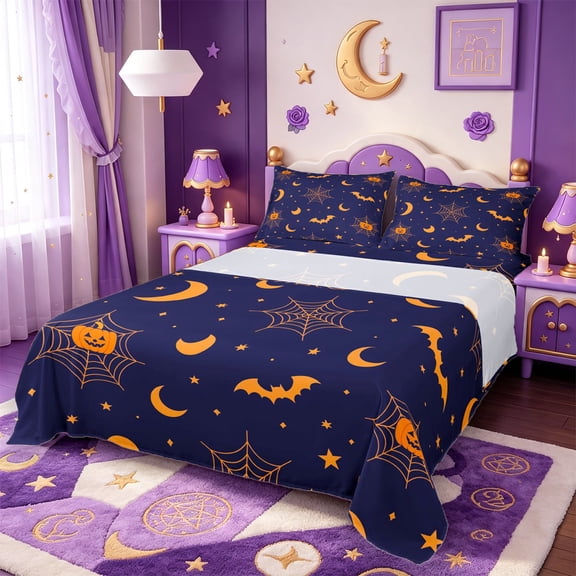 Manfei Cartoon Halloween Bed Sheets,Colorful Fall Leaf Pattern Full Size Sheets,4-Piece,1 Flat Sheet,1 Fitted Sheet and 2 Pillowcases