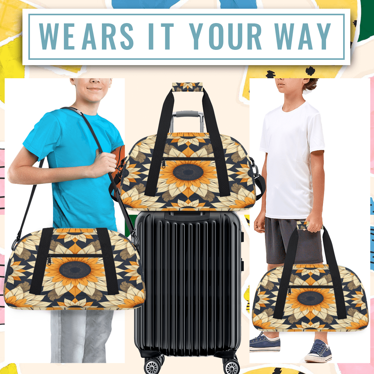 Herdesigns Sunflower Sports Duffle Bag for Women & Men, Flower Gym Bag Dance Bag Overnight Bag Carry On Weekender Travel Bag