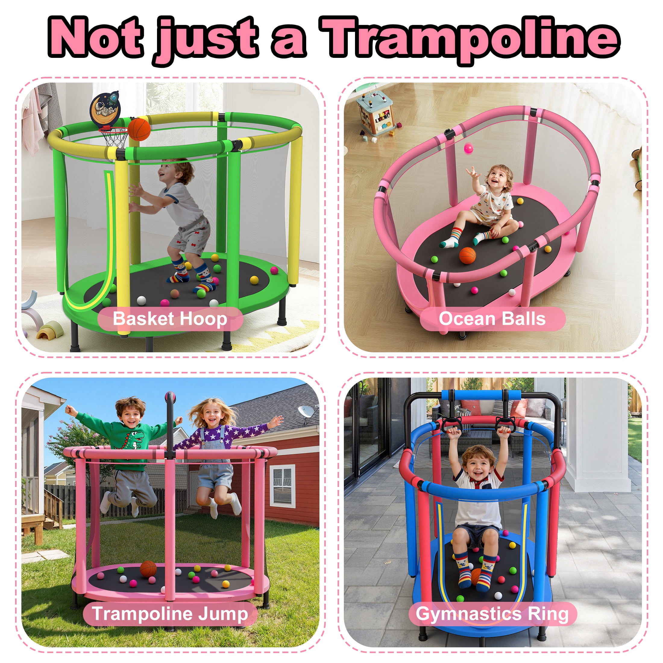 60" Toddler Trampoline with Enclosure Net, Kids Trampoline with Basketball Hoop, SHINPT Indoor Trampoline for Kids, Small Trampoline with Ocean Balls, Mini Trampoline with Rings, Gift for Boys Girls