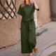 thumbnail image 2 of Traje de mujer de algodón con manga corta y pantalón largo - Color liso, cintura alta elástica, pierna ancha, informal/oficina, 2 of 6