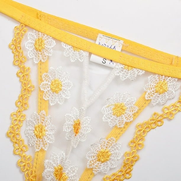 PEASKJP Cotton Underwear for Women Mesh Sheer Floral Lace Eyelash Lingerie  Set Underwired Demi Bra Set, Yellow XXL 