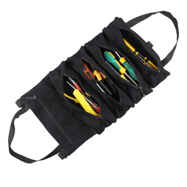 Labymos Canvas Roll-up Tool Bag, Multi-Purpose Tool Roll Pouch Tool Organizer with 5 Zipper Pockets