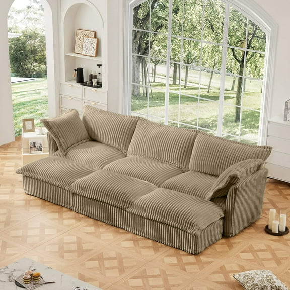 Living Room Sofa Slipcovered Sofa 3 Seater Sofa With 3 Ottomans, Oversized 3-Seat Sleeper Sofa Bed Home Theater Sofa, Corduroy, Camel