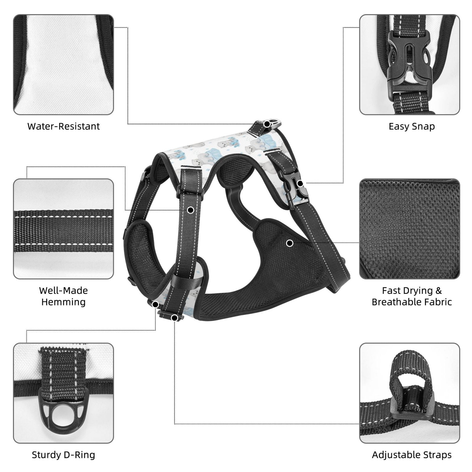 Fuzoiu Playful Polar Bear Pals Print Reflective Dog Harness,Adjustable, Breathable Pet Vest,Dog Harness No Pull,No Choke Pet Vest for Small, Medium, and Large Dogs-Small