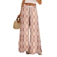 thumbnail image 2 of Summer Bohemian Wide Leg Lounge Pants Women Retro Patchwork Print Elastic Drawstring Waist Flowy Palazzo Pants with Storage Pockets Pink 2XL, 2 of 8
