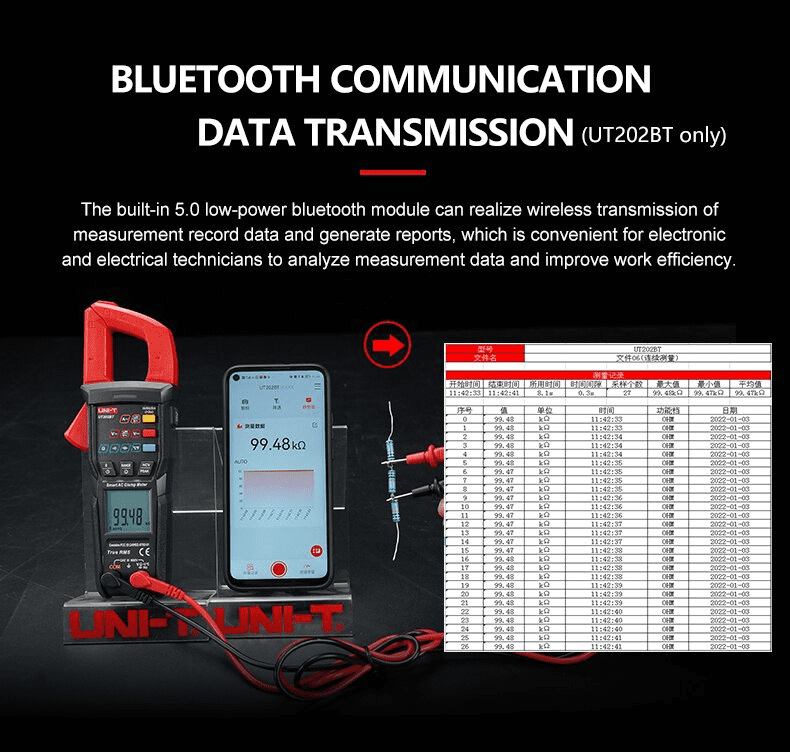 UNI-T Uni-trend Multimeter clamp meter UT202BT Digital clamp meter 600A DC Current Pliers Ammeter Voltage Tester Temperature Frequency Meter Auto Range(UT202BT)