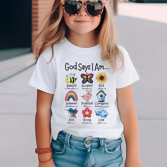RTKFRFLM God Says I Am Graphic Tee for Girls Religious Christian Letter Print Short Sleeve Round Neck T-Shirt Top Kids Summer Faith Shirt Soft Cotton Comfortable Children's
