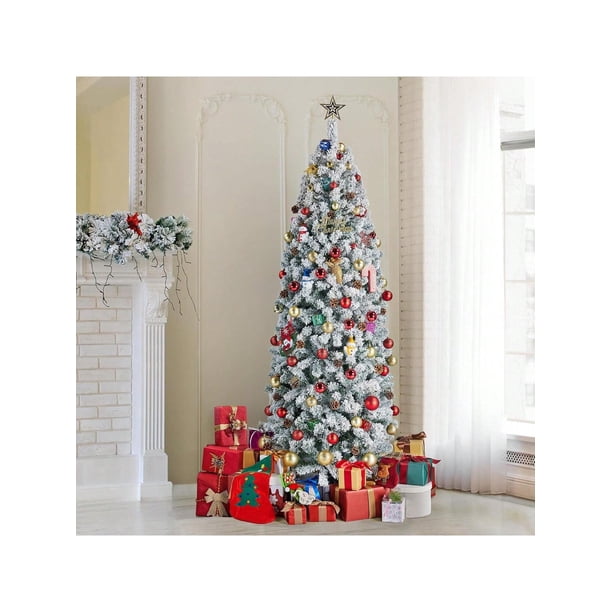 6-foot snow-flocked artificial christmas tree: pre-lit hinged pine tree con 250 LED lights y metal stand - slim design para home, oficina, o party decor