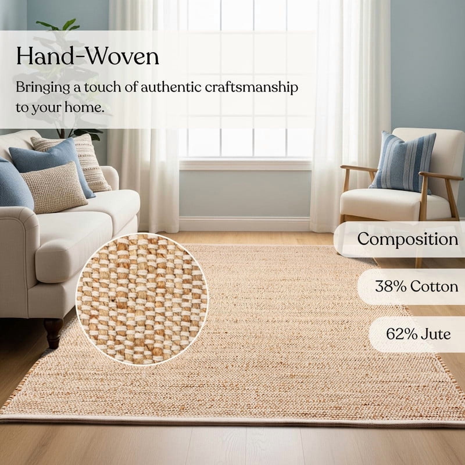 Delara Handwoven Jute and Cotton Area Rug – Natural Rug, Farmhouse Accent Rug for Living Room, Bedroom, or Entryway – Sustainable, Flatweave, Ivory , 4' X 6'