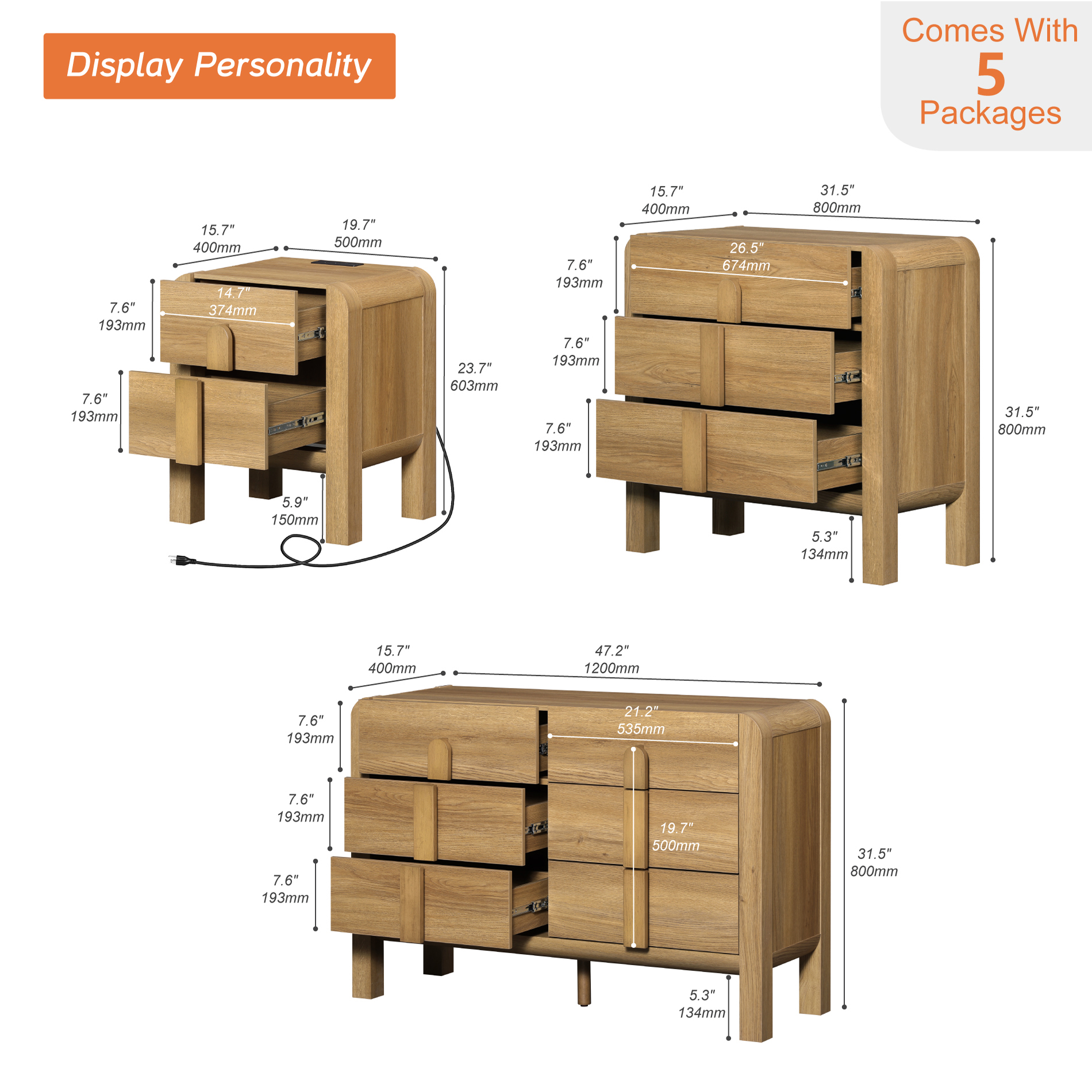 5 Pcs Bedroom Set, Wooden Dresser and Nightstand Sets, Night Stand Set of 2, 12 Drawer Dresser with Curved Profile Design, Mid Century Modern Dresser Set