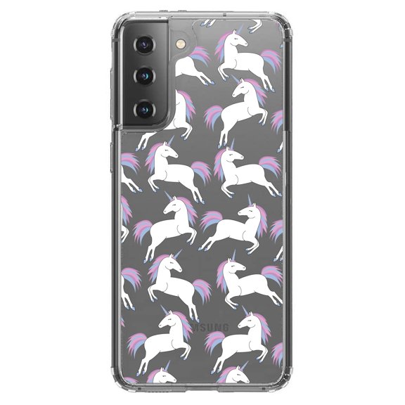 DistinctInk Clear Shockproof Hybrid Case for Galaxy S21  PLUS 5G (6.7" Screen) - TPU Bumper, Acrylic Back, Tempered Glass Screen Protector - Repeating Pastel Unicorns