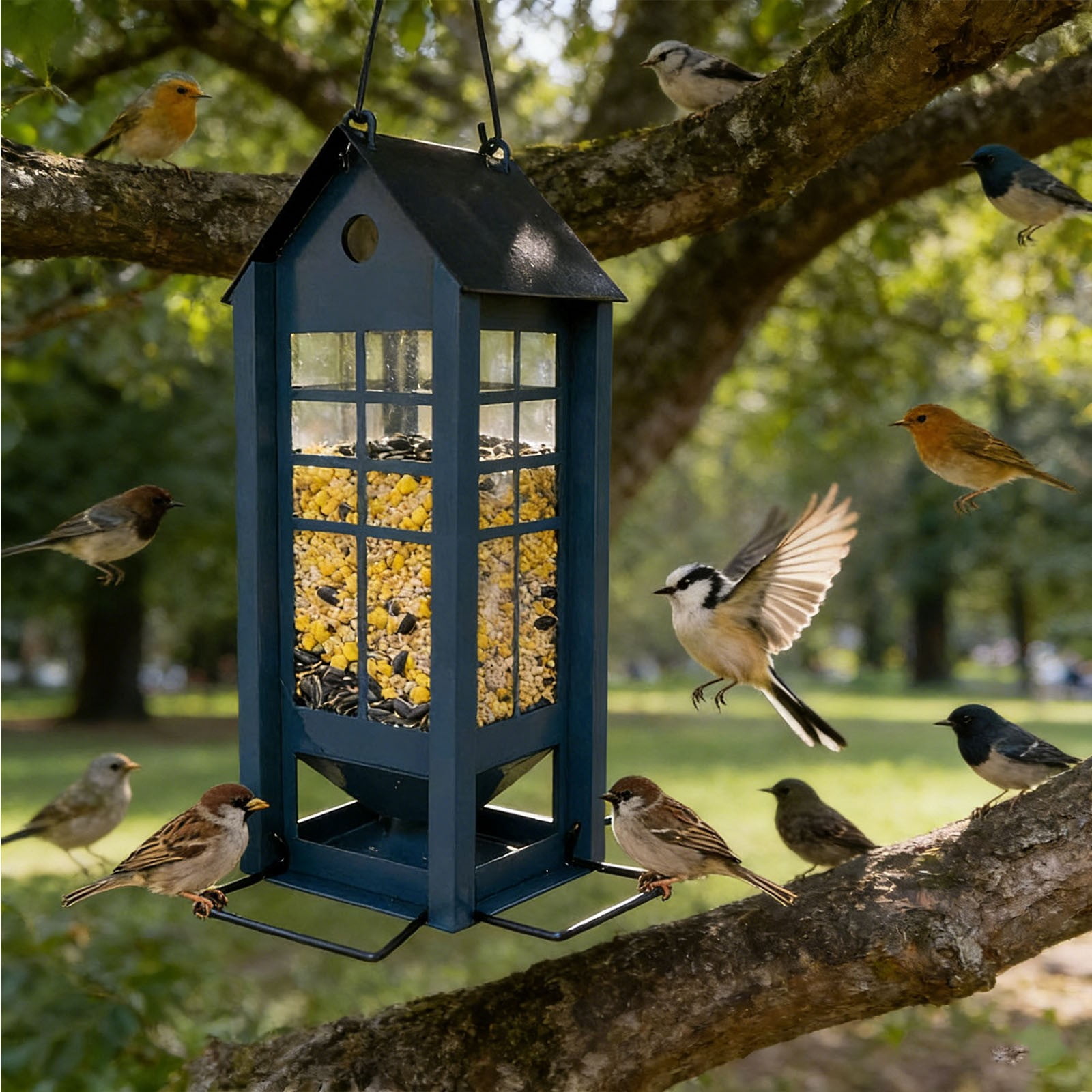 Iron Art Bird Feeder, Hanging Tray, Rust-Proof Mesh, Powder-Coated, 12.59x7.87x7.87in, for Garden/Courtyard Decor