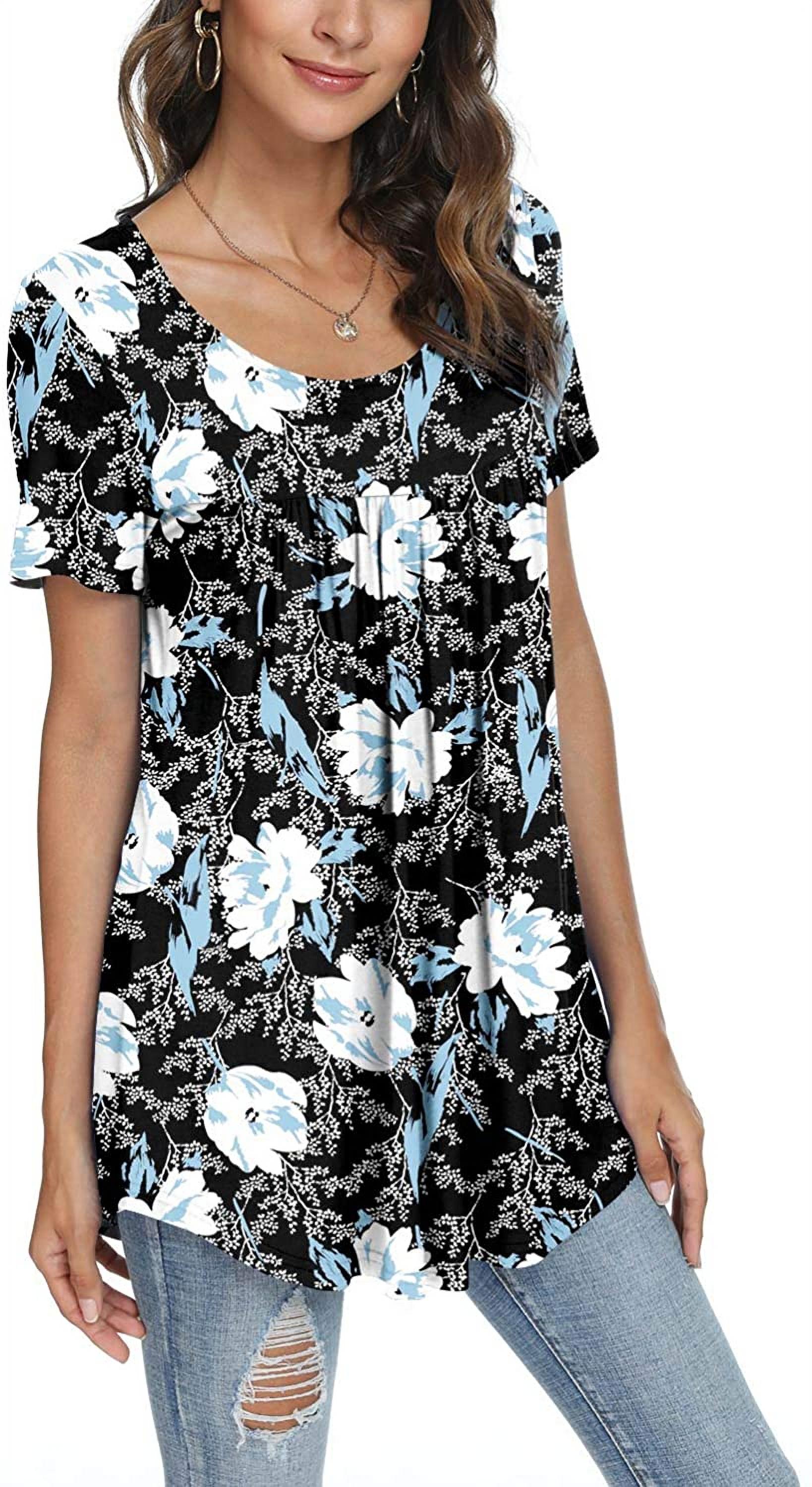 junefish women's summer pleated short sleeve tunic tops flare blouse
