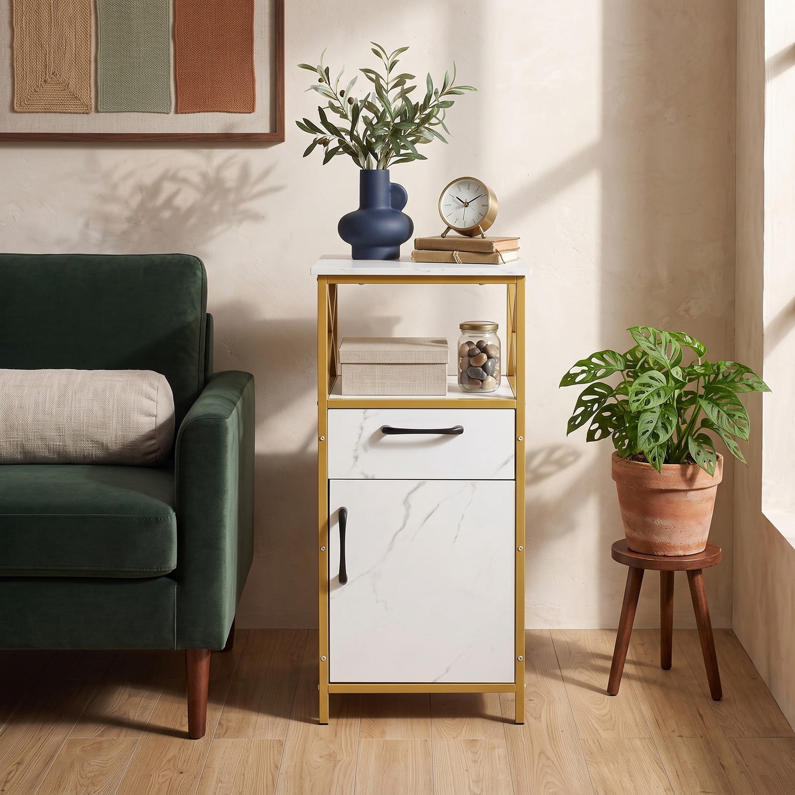 ALPULON Bathroom Storage Cabinet with Drawer, Freestanding Floor Cabinet with Single Door and Open Shelf, Faux Marble Storage Organizer with Golden Metal Frame, White