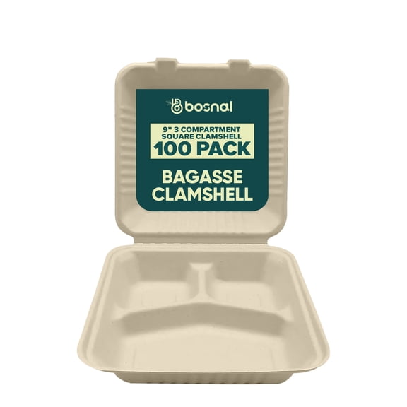 BOSNAL 9 inch 3-Compartment Bagasse Clamshell Containers (100 Pack) – Compostable, Biodegradable & Eco-Friendly Takeout & Meal Prep Containers