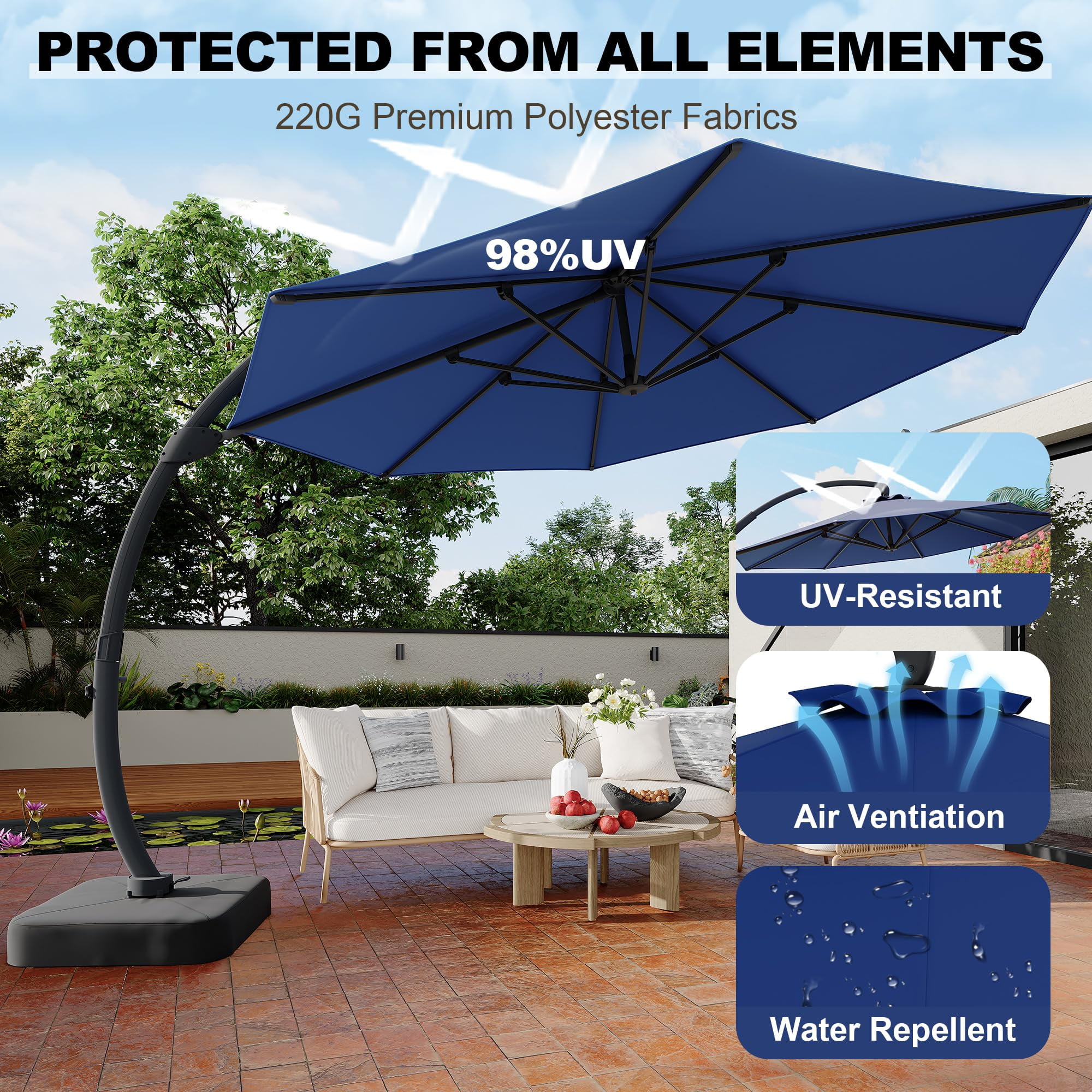 11FT Cantilever Patio Umbrella With Base Included, Round Large Aluminum Outdoor Cantilever, Heavy Duty Offset Umbrella with 360°Rotation for Pool, Deck, Backyard, Garden