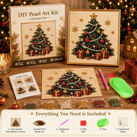 DIY Christmas Pearl Diamond Painting Art Kit with Frame, Christmas Pearl Beads Art Craft for Adults Beginner, Gemstone Diamond Dots Beads for Home Wall Decor, Handmade Gift for Daughter, Mother