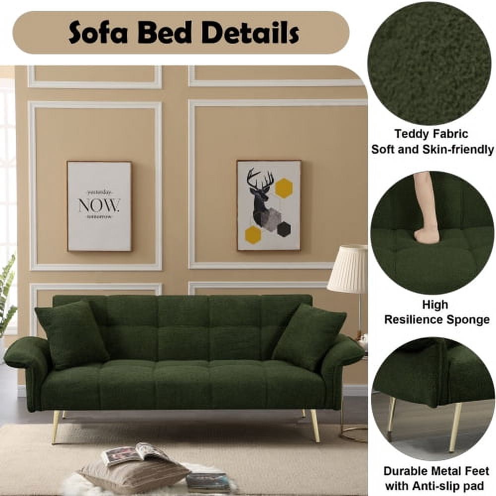 BSHTI 70.1 inch Futon Sofa Couch, Modern Convertible Double Sofa Bed with Folding Armrests for livingroom,Green