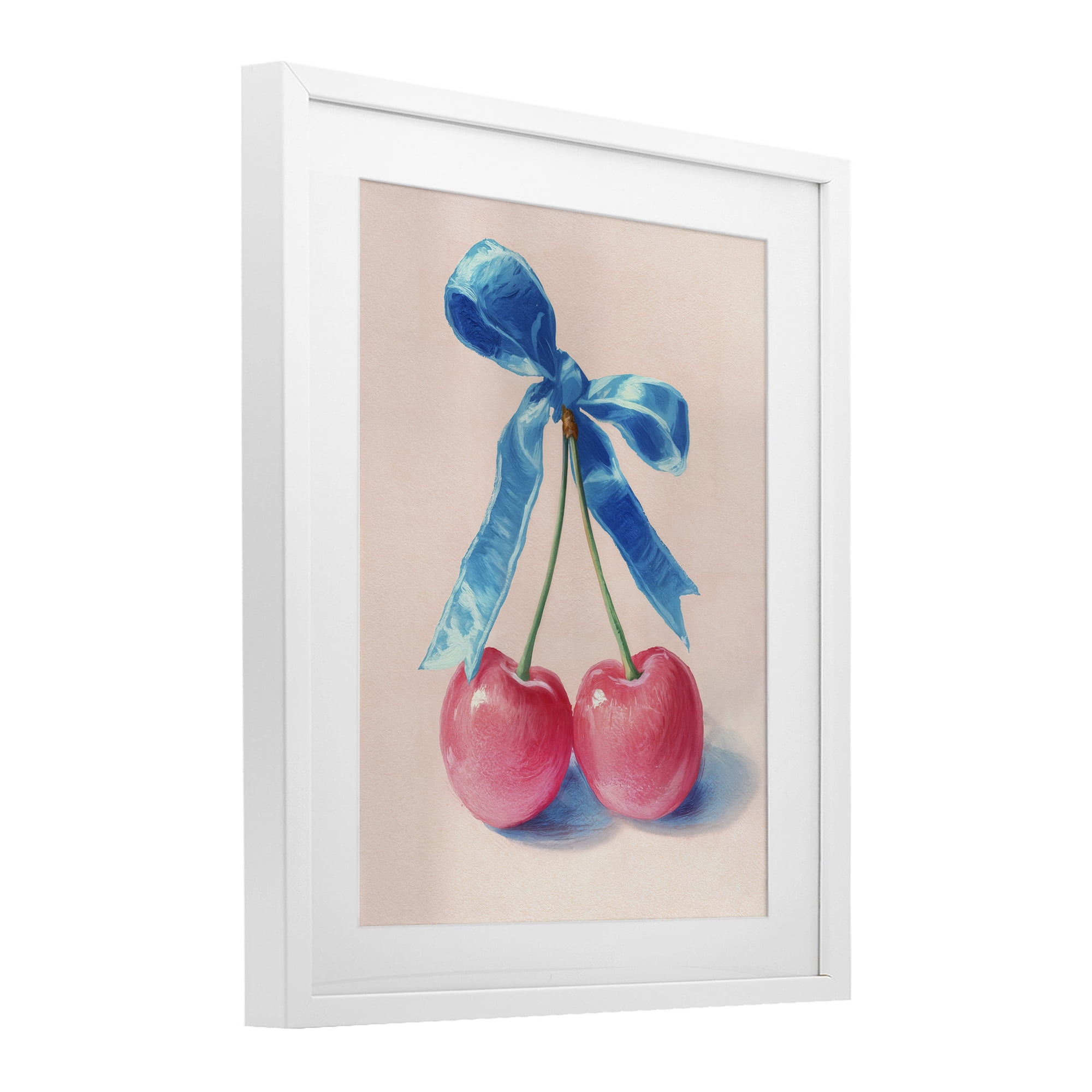 Stupell Industries Twin Cherries with Blue Ribbon White Framed Print Under Glass, design by Imagine It Images