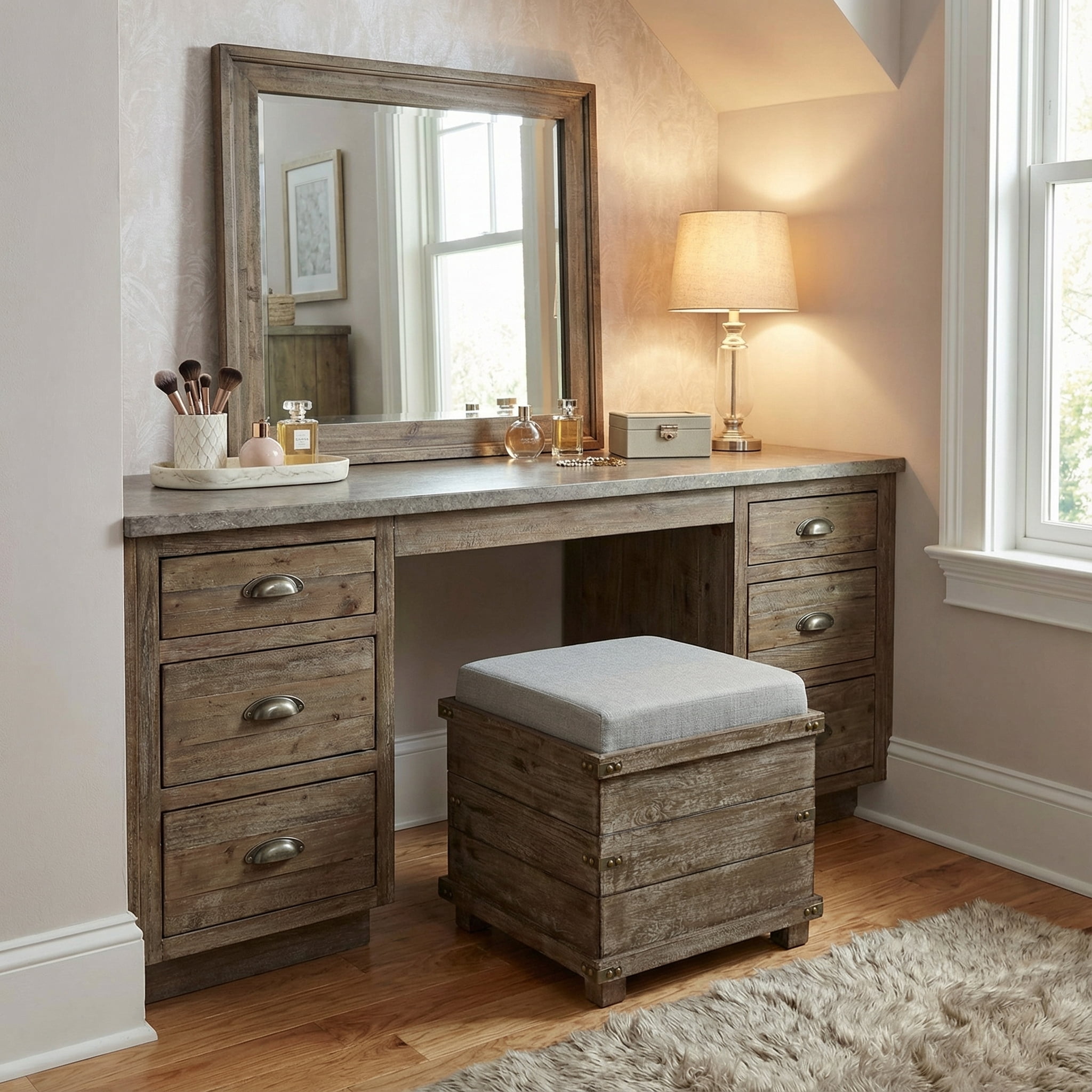 Cortesi Home Scusset Storage Chest Tray Ottoman in Fabric and Wood, Grey