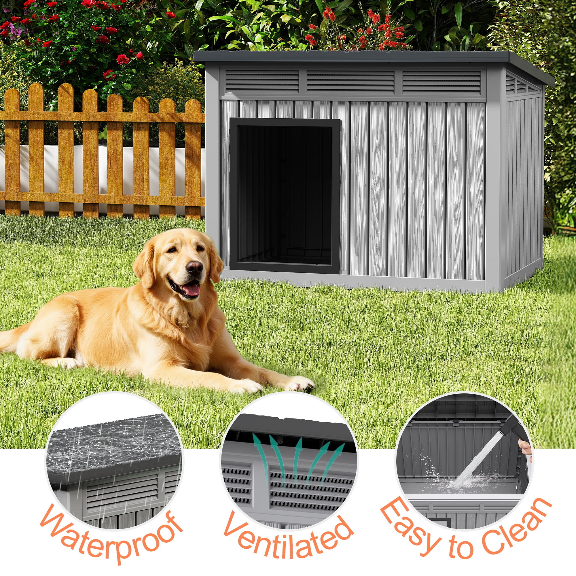 LHBcraft Waterproof Dog House,Indoor & Outdoor Dog Shelter with Ventilated Design & Removable Roof, PP Dog Kennel for Medium to Large Dogs,Gray,42.8" L x 33" W x 31" H