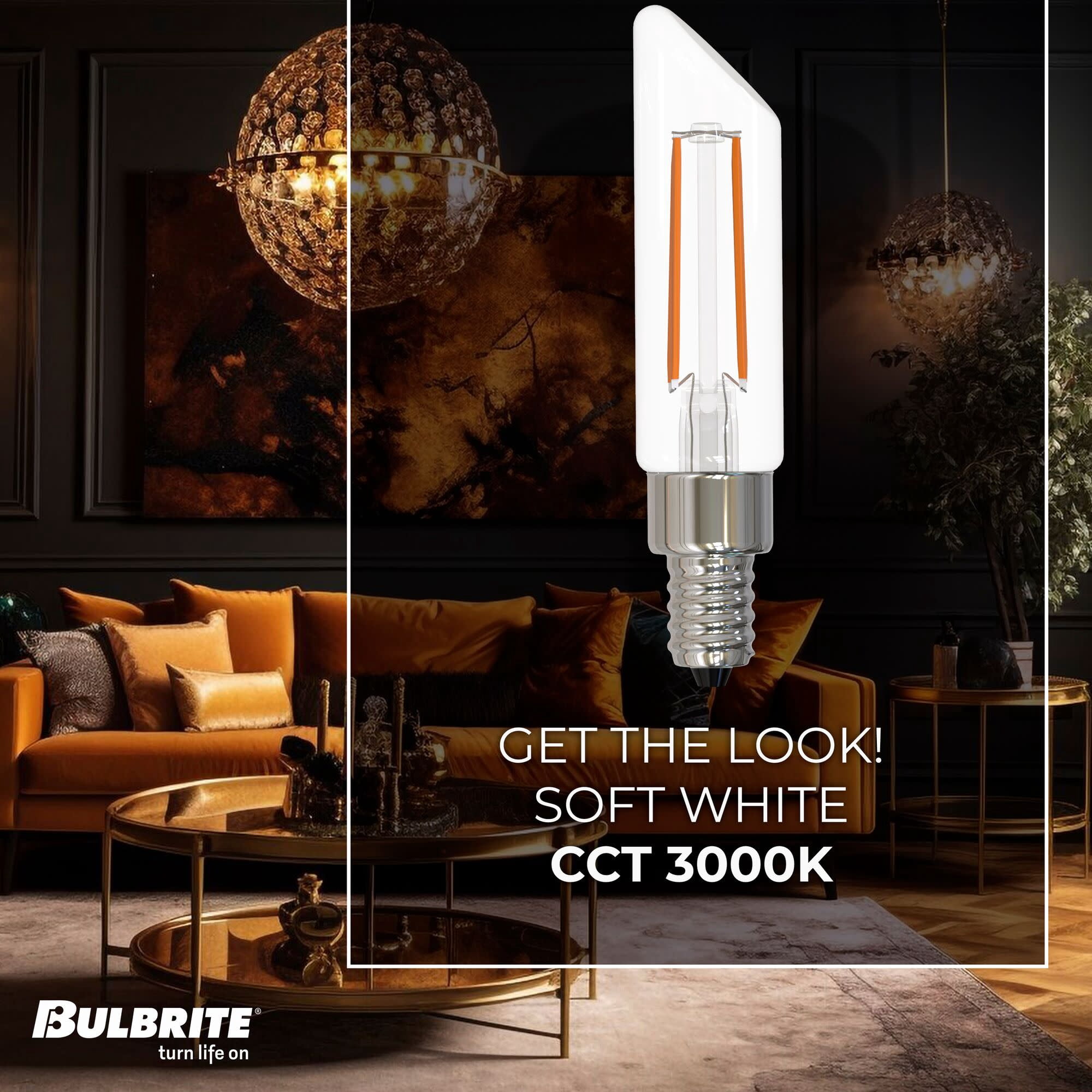 Bulbrite 862860 3000K 400 Lumen 4.5 watt LED Filament Dimmable T6SL Light Bulbs with a Clear & Candelabra E12 Base, Soft White - Pack of 4
