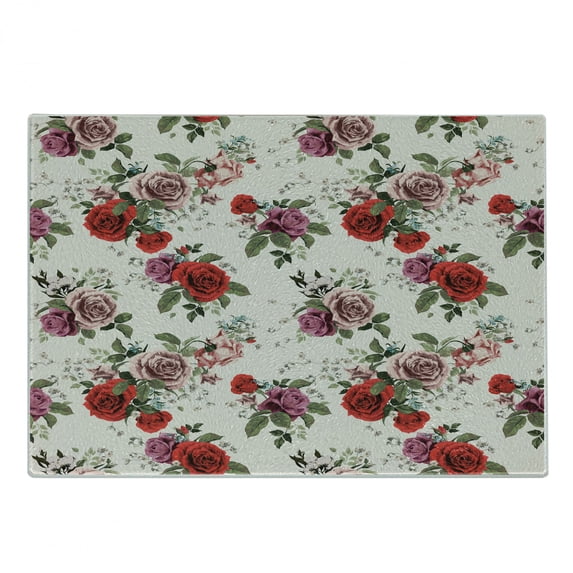 English Garden Cutting Board, Floral Repeating Pattern of Romantic Roses Spring Love Themed, Decorative Tempered Glass Cutting and Serving Board, in 3 Sizes, by Ambesonne