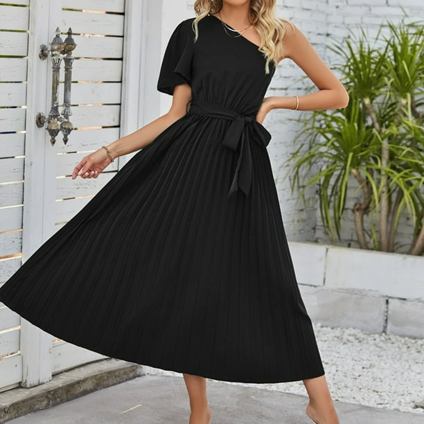 Vestido A Media Pierna Vestidos de playa para mujer, vestidos casuales con cuello de un hombro para cóctel (negro XL) Cgtredaw Para estrenar