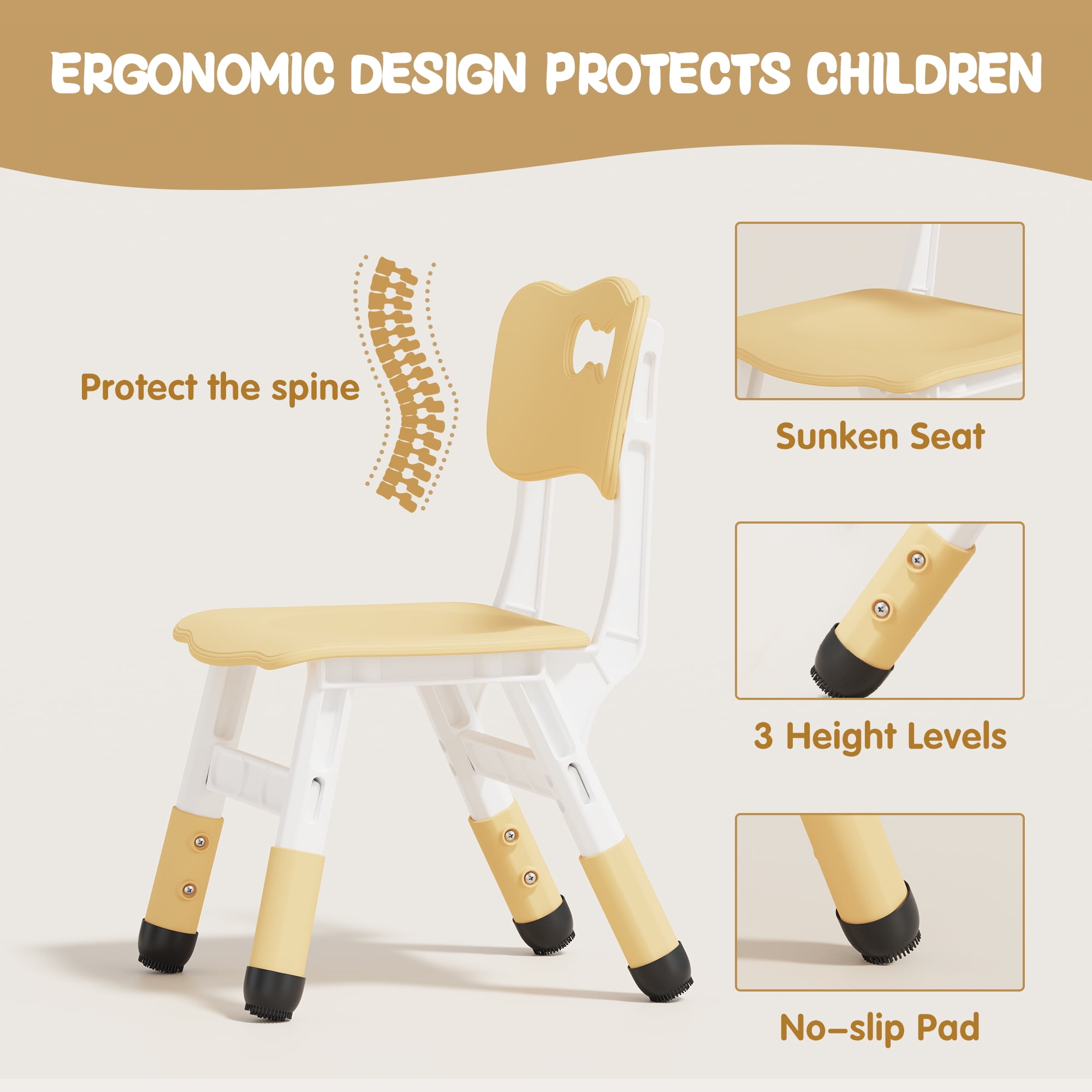 MAVINEX Kids Table and 6 Chairs Set, Height Adjustable, Beige Wood Finish, Toddler Play Table Ages 2-10