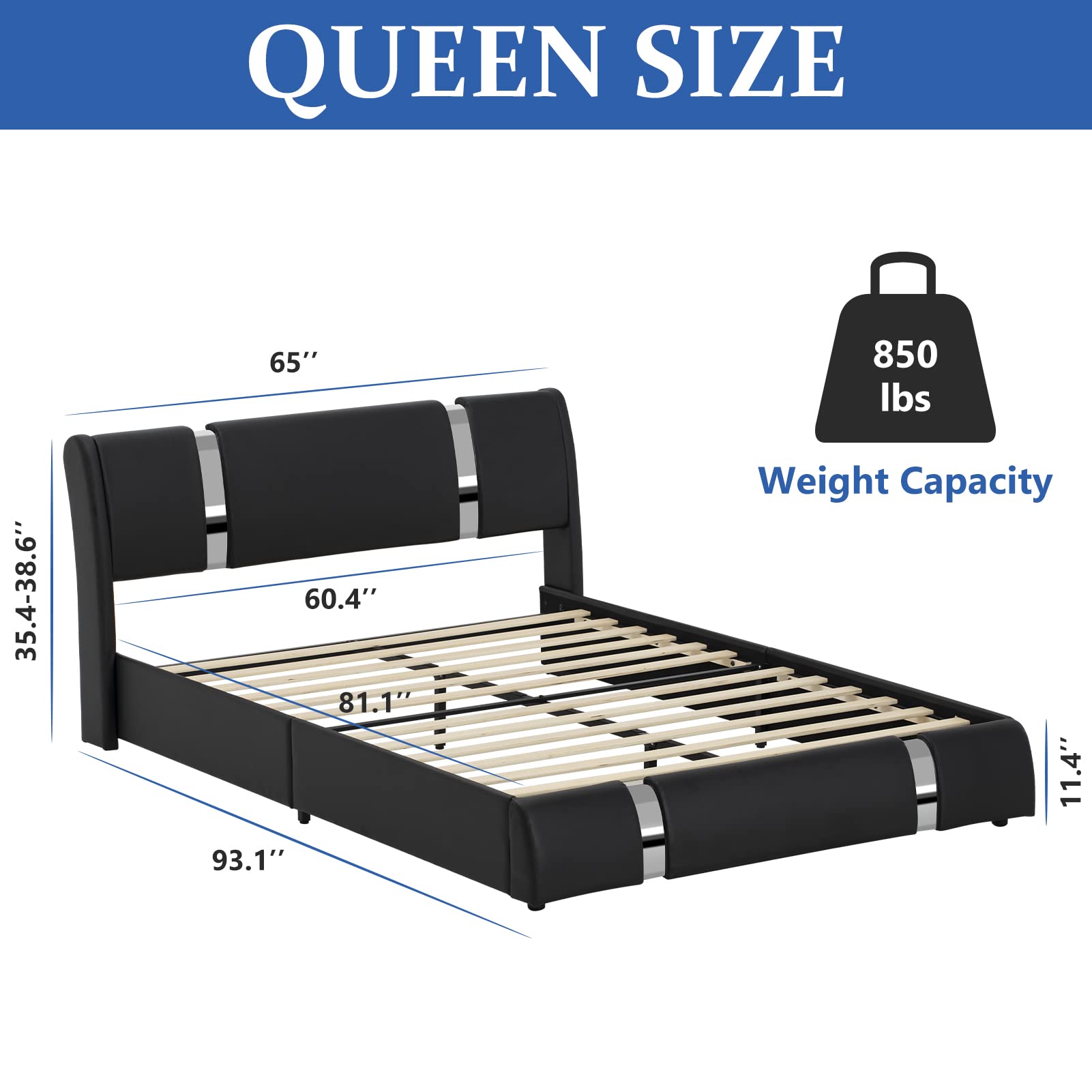 Queen Size Bed Frame with LED Light Headboard, Modern Faux Leather Platform Bed Frame Deluxe Upholstered Bed with Curved Backrest
