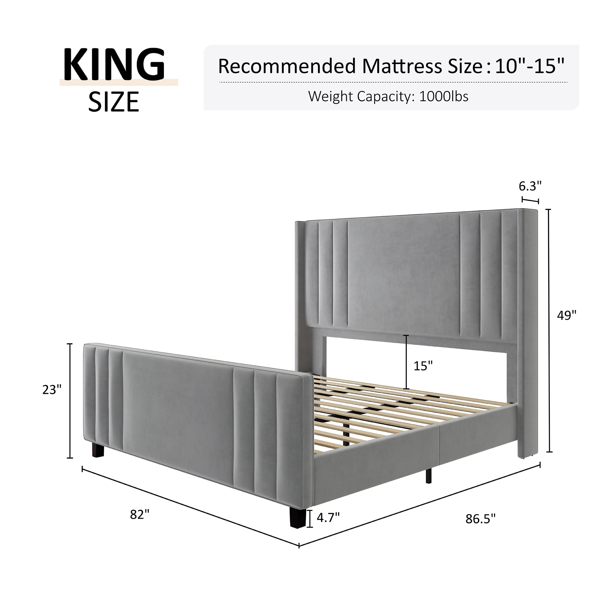 Amerlife King Size Bed Frame with Velvet Upholstery, Tufted Headboard and Footboard, Grey