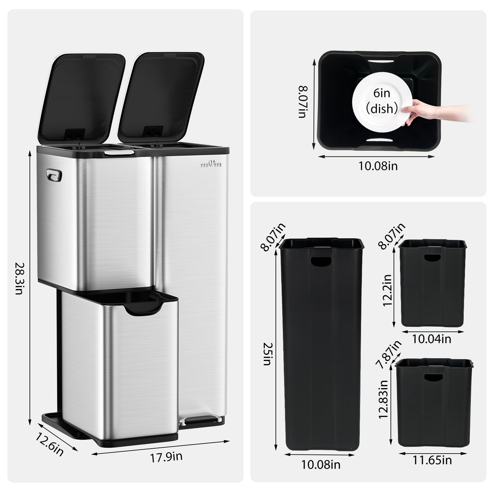 mVm 16 Gal 3 in 1 Kitchen Step Trash Can, Heavy Duty Anti Fingerprint Brushed Recycling Bin for Office