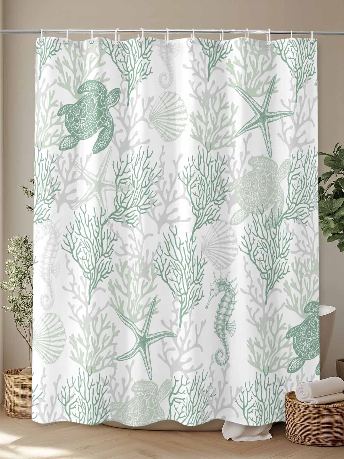 Boanket Polyester Fabric Green Coastal Shower Curtain, Sea Turtle Nautical Coral Summer Beach Waterproof Bathtub Curtain Bathroom Decor Set with Hooks 72 x 96 Inches,
