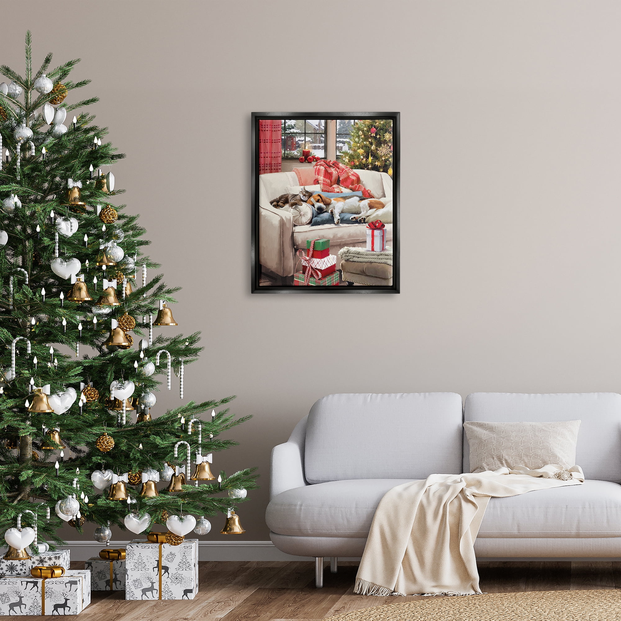 Stupell Industries Pets on Holiday Couch Holiday Painting Black Floater Framed Canvas Art Print Wall Art, 25 x 31