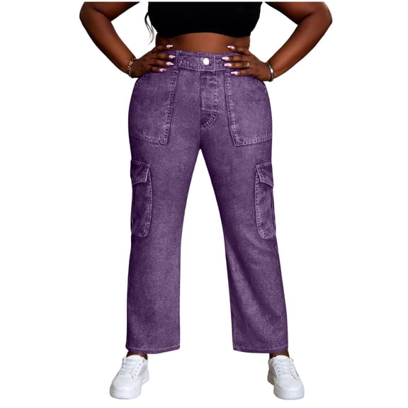 Lenpel Casual Pants for Women Jean like High Waisted Straight Leg Cargo Pants Comfy Trendy Pants with Pockets