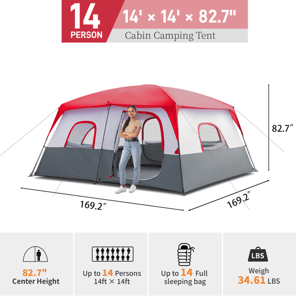 14-Person Family Cabin Tent - 14ft x 14ft Extra Large Outdoor Shelter with Room Divider - Red & White