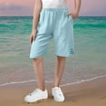thumbnail image 4 of JTSRKL Linen Bermuda Shorts for Girls Cute Knee Length Casual Button Side Slit Summer Cotton Capri Pants Lightweight Beach Shorts with Pockets Light Blue 11-12 Years, 4 of 7