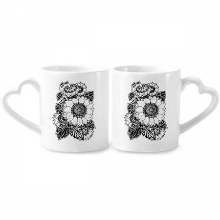 

Sunflower Black White Flower Couple Porcelain Mug Set Cerac Lover Cup Heart Handle
