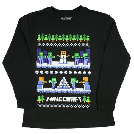 Mojang Minecraft Boys Shirt Snow Golem And Zombie Snow Ball Fight Long Sleeve Tee Walmart Com Walmart Com
