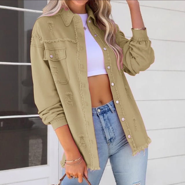 LOVZFMLL Vestes pour Femmes Mode à Manches Longues Décontractée à Boutons Veste en Denim Ample avec Franges et Trous Hauts