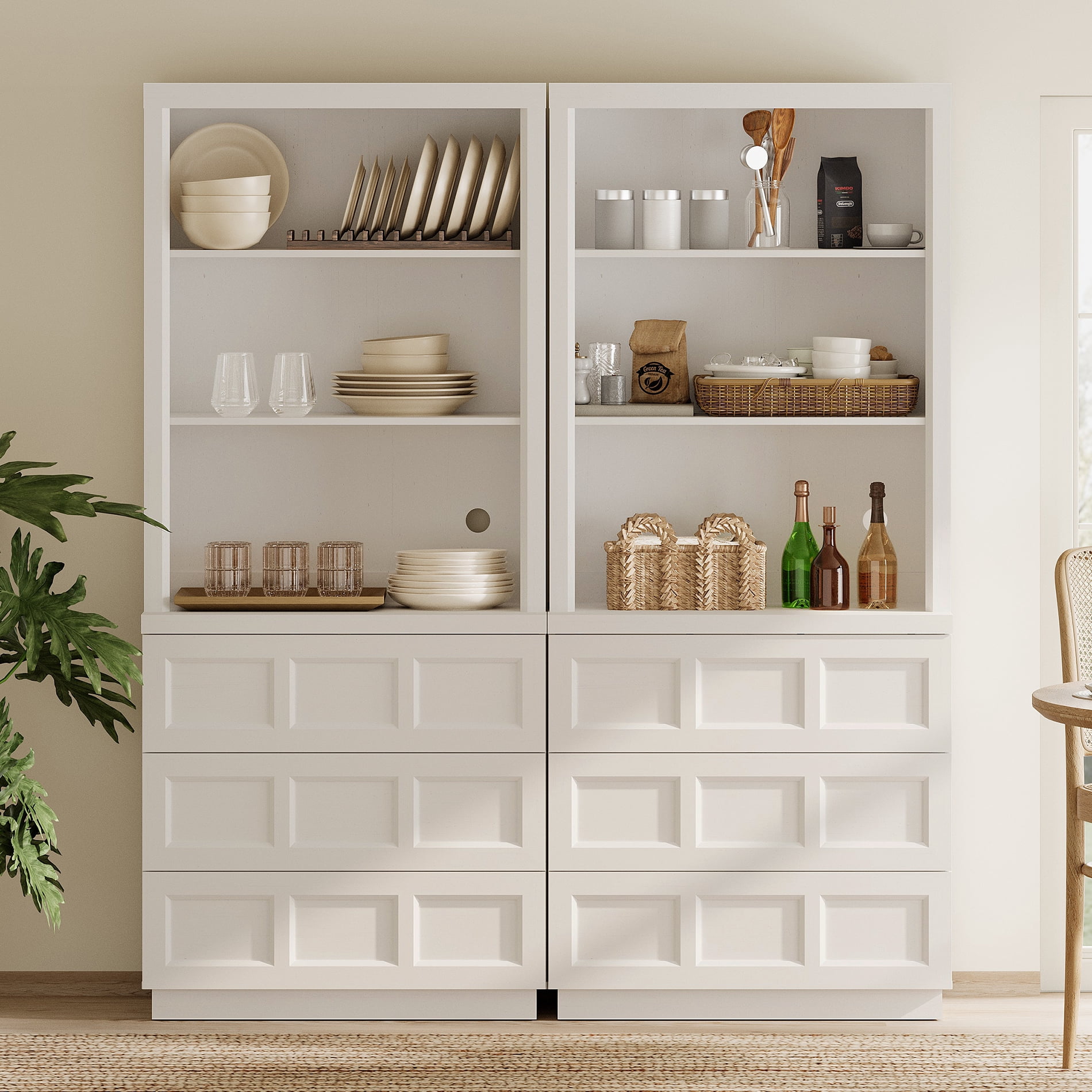 HOMOOI Wood Pantry Cabinet, Boho Freestanding Kitchen Storage Hutch with 2 Adjustable Open Shelves and 6-Large Drawers,Anti-Wobble Storage Organizer for Kitchen, Dining Room, Entryway,White