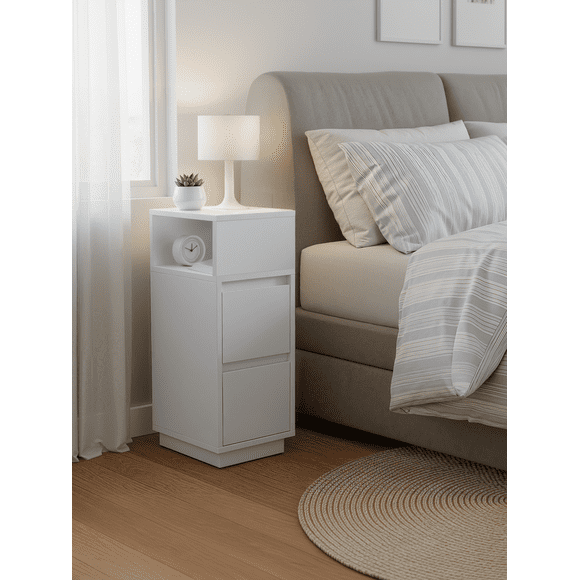 VASAGLE Mesita de Noche Estrecha, Mesa Auxiliar con 2 Cajones y Compartimento Abierto, Encajable a la Izquierda o a la Derecha, Dormitorio, Salón, Blanco Nube