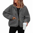 thumbnail image 5 of Womens Fleece Jacket Fuzzy Long Sleeve Short Winter Coats Button Down Jacket Outerwear with Pockets Dark Gray L, 5 of 6