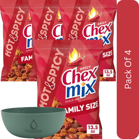 Chex Mix Hot & Spicy Savory Snack Mix, Family Size, 13.5 oz-4pk, With Olive Green Bowl By ValueNest