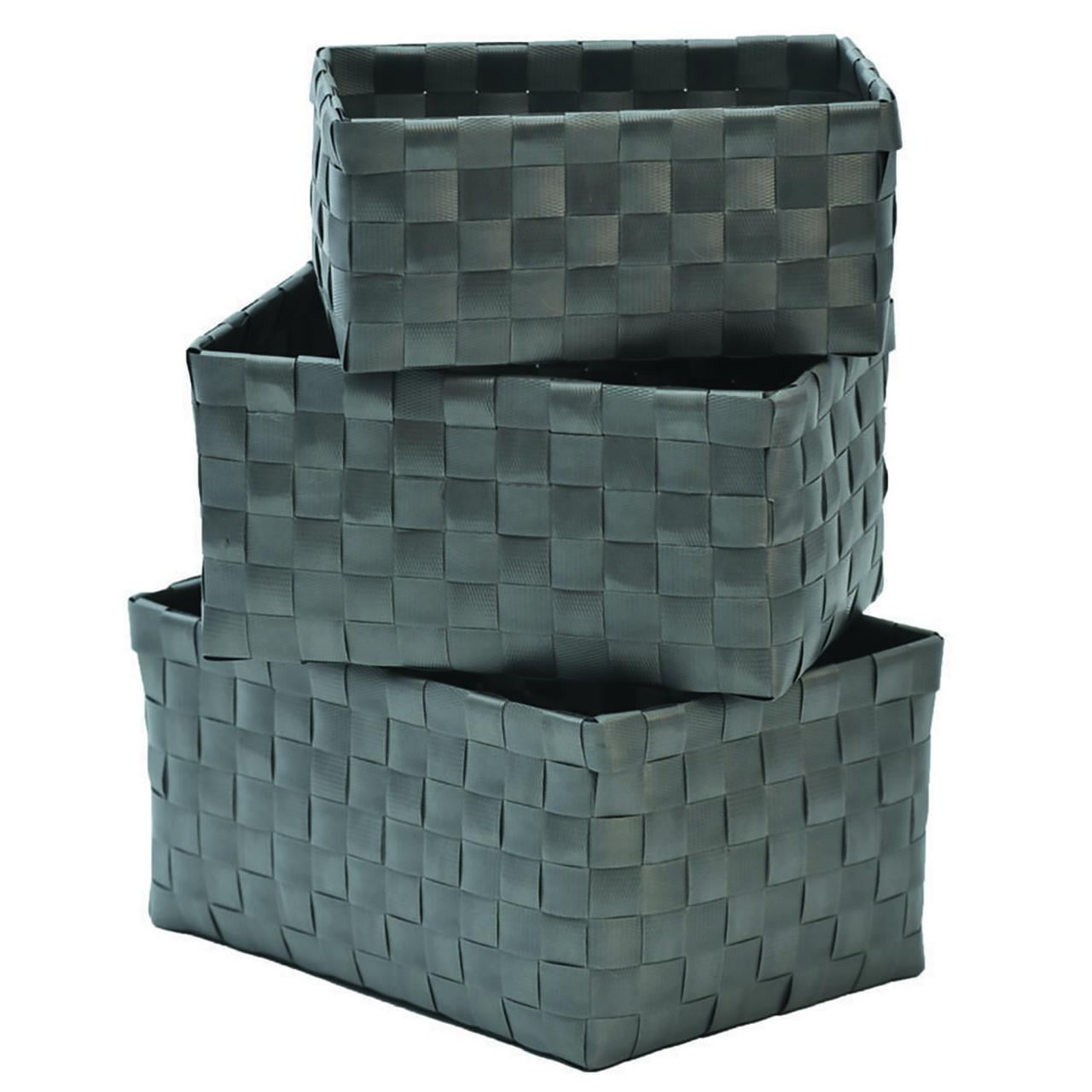 Checkered Woven Strap Storage Baskets Totes Set of 3 Gray