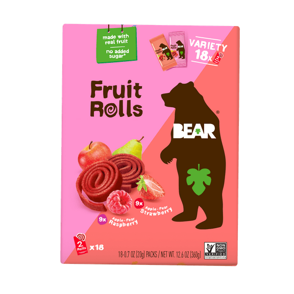 BEAR Fruit Snacks Variety pack Strawberry and Raspberry, 12.6oz, 18 count, 9 of each flavor, Made with Real Fruit