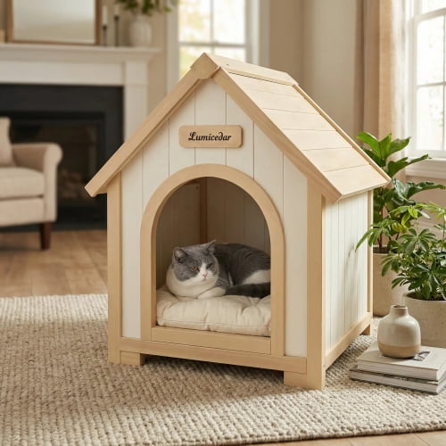 Indoor Wooden Dog House for Small Dogs and Cats Solid Cedar A-Frame Pet House with EVA Cushion Scandinavian Design, Creamy White,Light Yellow