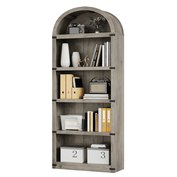 71" Tall Arched Bookshelf, 5 Tier Wooden Bookcase with Open Shelves, Freestanding Display Storage Cabinet for Living Room Home Office